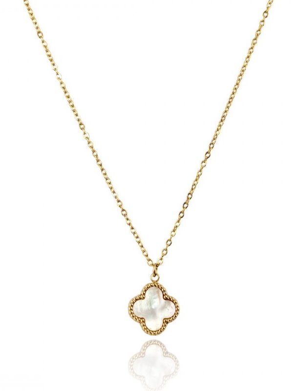 Naszyjnik stal szlachetna pozłacana 14k złotem, koniczynka 13mm, masa perłowa